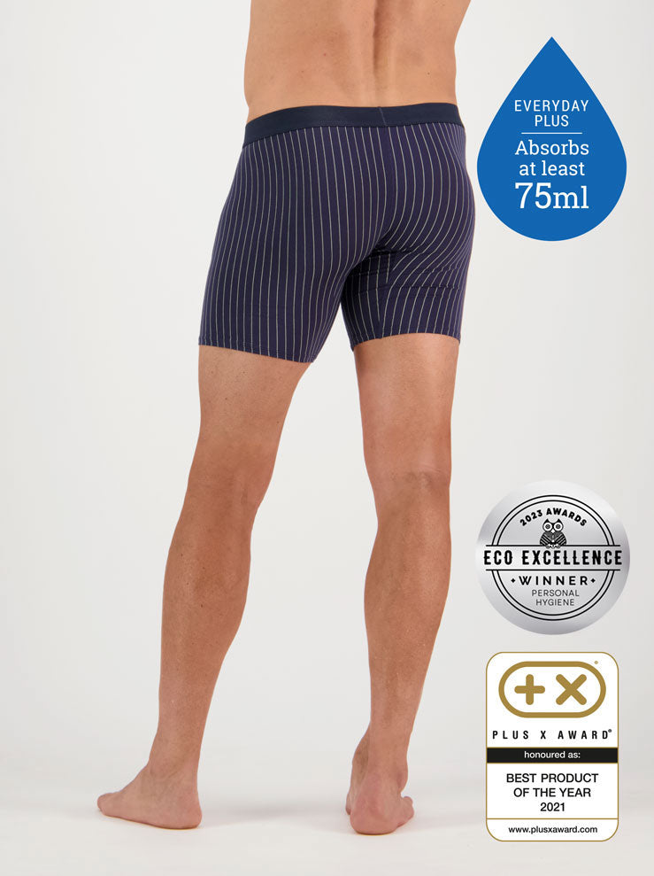 Confitex for Men leakproof long trunks for moderate bladder leakage in navy blue with a grey pinstripe - Back View .