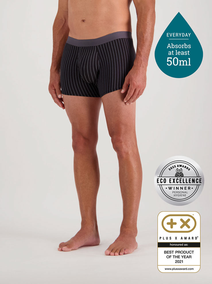 Confitex for Men incontinence underwear in black with grey pinstripe.