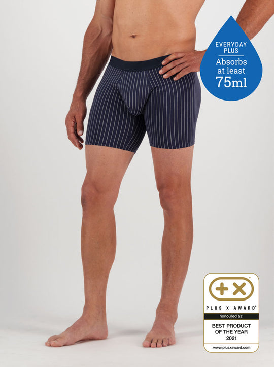 Confitex for Men leakproof long trunks for moderate bladder leakage in navy blue with a grey pinstripe .
