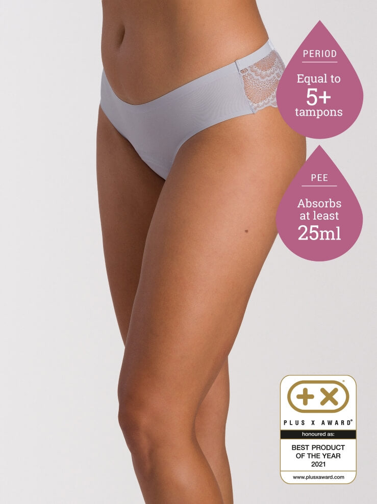 Just’nCase silver lace midi briefs for mild bladder leakage and light-to-medium periods